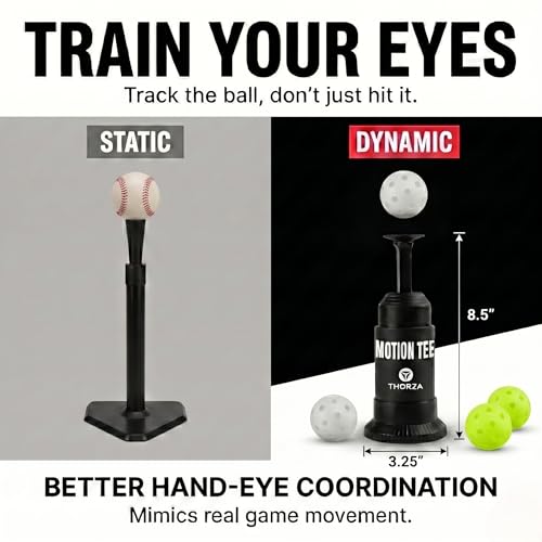 Thorza Tee Popper Motion Tee, Solo Baseball Training System with 4 Durable Balls for Hitting Practice, Swing Training, Batting Accuracy and Hand-Eye Coordination