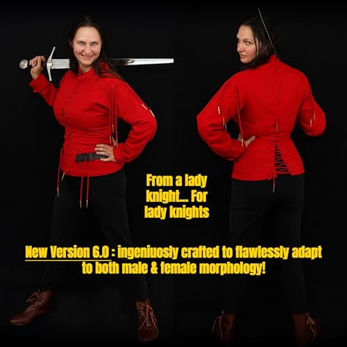 Mythrojan Late Medieval Padded Arming Doublet Gambeson with Brass Aiglets, Ideal for Knightly Medieval Reenactment LARP - color: Red, size: 3X-Large