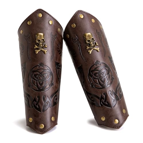 Leather Bracers for Men - Viking Embossed Medieval Arm Archery Guard Gauntlet Costumes - color: Hbr057-skull Coffee