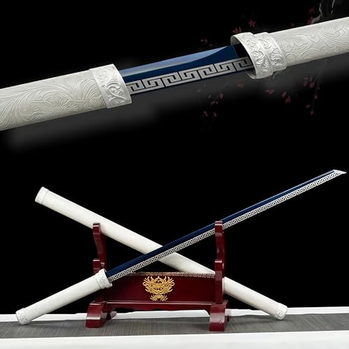 Japanese Samurai Sword, Iaido Katana Carbon Steel Blade Real Sword for Display Decoration and Gift - color: White-Blue Tiger Soul Sword