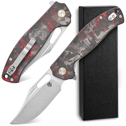 FF25 Folding Knife, DC53 Steel Blade Carbon Fiber Handle with Pocket Clip for Outdoor Camping Fishing Working Survival EDC (Red) - color: Red