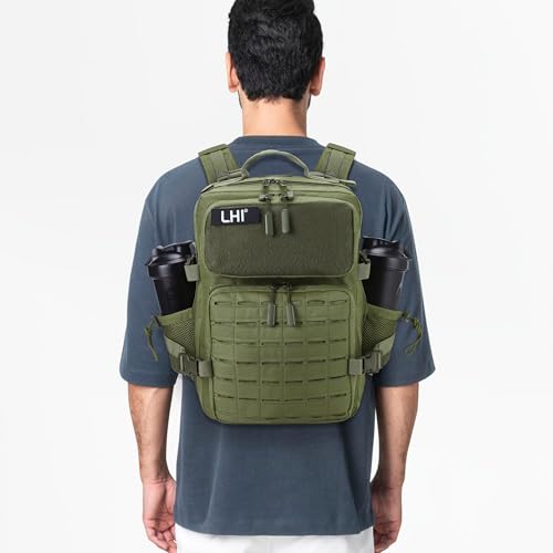 LHI Tactical Military Backpack for Men 25L/45L Large Molle Army Assault Pack 3 Day Hiking Rucksack With Bottle Holder - color: Green, size: 25L