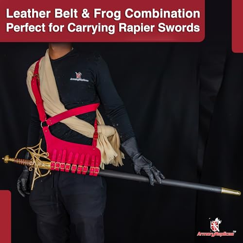 Armory Replicas Handcrafted Rigid Nature Right-Handed Leather Rapier Sword Frog Belt with Adjustable Fit - color: Red