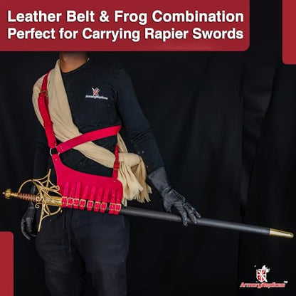 Armory Replicas Handcrafted Rigid Nature Right-Handed Leather Rapier Sword Frog Belt with Adjustable Fit - color: Red