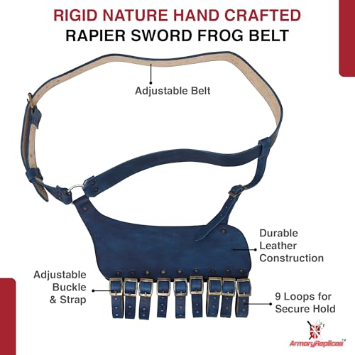 Armory Replicas Handcrafted Rigid Nature Right-Handed Leather Rapier Sword Frog Belt with Adjustable Fit - color: Blue