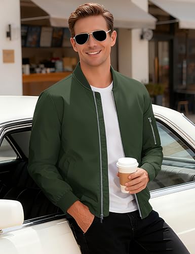 MAGCOMSEN Men's Bomber Jacket Casual Windproof Quilted Jacket Full Zip Windbreaker Winter Warm Varsity Jacket with Pockets - color: Army Green, size: X-Large