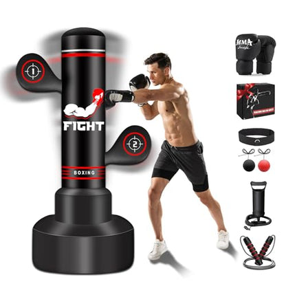 Heavy Freestanding Boxing Bag with Gloves, Pump and Jump Rope, Reflex Ball - color: Red
