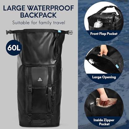 Haimont Large Waterproof Roll Top Dry Backpack 60L, Black - color: Black, size: 60L