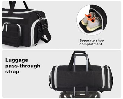LHI 50L Tactical Duffle Bag for Men, 3-in-1 Gym Duffle and Backpack, Shoe Compartment, Laptop Sleeve and MOLLE, Carry-On Travel Weekender and Overnight Bag – Black with White zippers - color: Black white