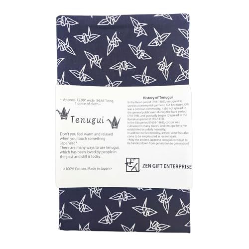 Japanese Tenugui Towel, 34.64"L x 12.99"W, Orizuru Pattern, White on Navy - color: Orizuru (White on Navy Blue)