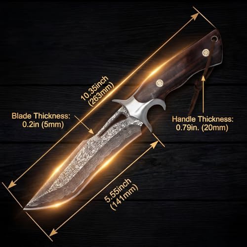 Damascus Hunting Knife,10.4" Fixed Blade VG10 Leather Sheath - style: Damascus Steel-2