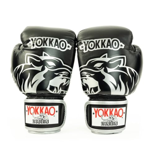 YOKKAO Design Breathable Muay Thai Boxing Glove | Premium Leather Training and Sparring Gloves for Men and Women | Winning Boxing Gloves | Punching Glove - color: Black, size: 14oz