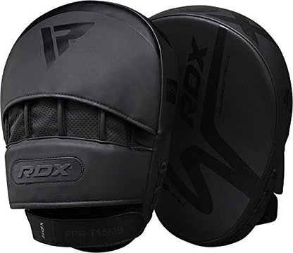 RDX Boxing Pads Focus Mitts, Convex Skin Leather Curved Hand Pad with Adjustable Strap, Hook and Jab Hand Strike Shield for MMA, Martial Arts, Punching Target, Muay Thai Training Matte Black