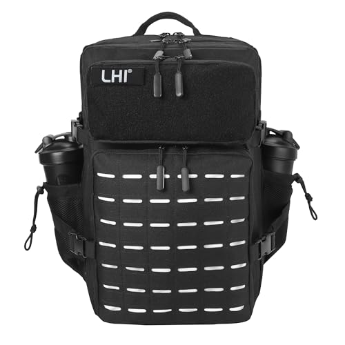 LHI Tactical Military Backpack for Men 25L/45L Large Molle Army Assault Pack 3 Day Hiking Rucksack With Bottle Holder - color: Black, size: 45L