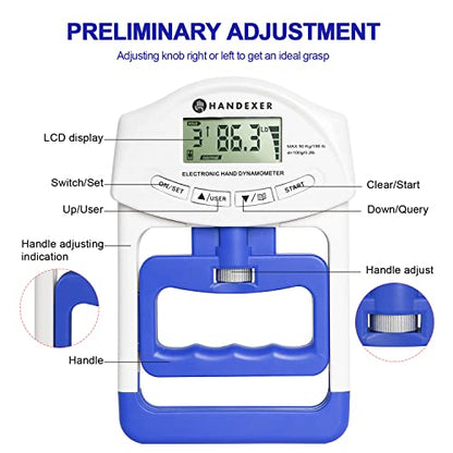 Digital Grip Strength Tester, 198 lb Hand Dynamometer, Blue