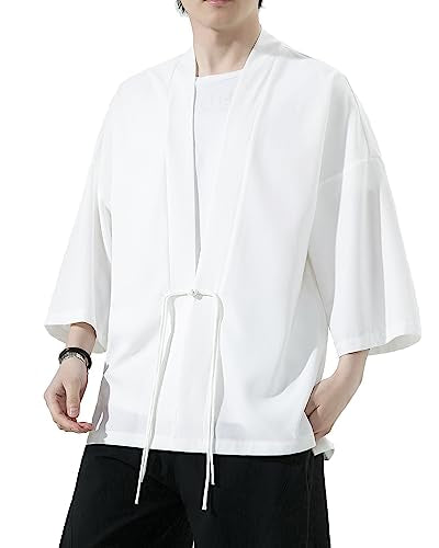 Mens Kimono Cardigan Cotton Linen Japanese Shirt 3/4 Sleeve Haori Yukata - color: 36-beige, size: XX-Large