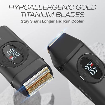HUMMINGBIRD MK17 DualPro Foil Shaver & Beard Trimmer for Men – Gold Titanium Blades, Turbo Shaving & Torque Control, Metal Body, Digital Battery & RPM Display, Wet/Dry, USB-C & Wireless Charging Dock - size: MK17 DualPro