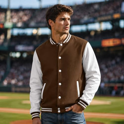 babyhealthy Men's Women's Varsity Baseball Jacket Casual Letterman Bomber Jacket Windbreaker Lightweight Jacket Coat - color: 004 Brown, size: Large