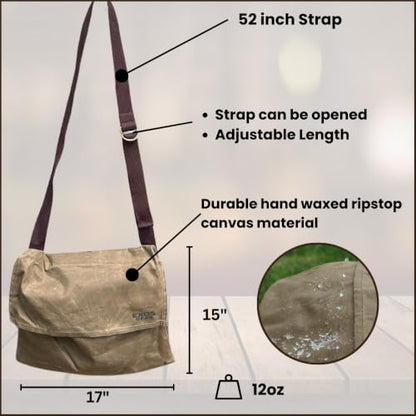 Exos Waxed Canvas Haversack Bushcraft Shoulder Bag - Durable Canvas Messenger Bag - Foraging Bag, Gardening Bag, 2 Sizes - style: Dark Khaki Large