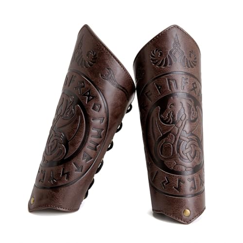 Leather Bracers for Men - Viking Embossed Medieval Arm Archery Guard Gauntlet Costumes - color: Hbr058-dragon Coffee