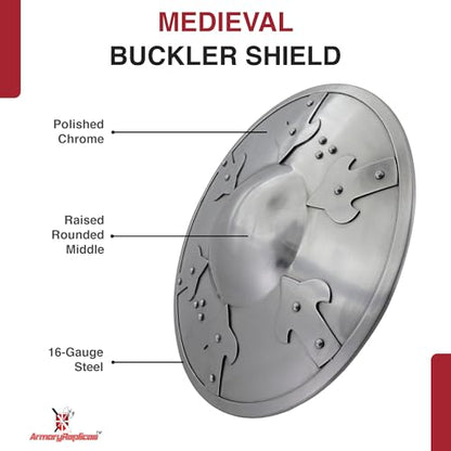 Armory Replicas™ - Battle-Ready Medieval Buckler Shield - 16-Gauge Steel Construction - Functional & Stylish - color: Silver, style: Design 1