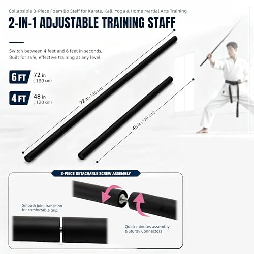 Collapsible Bo Staff 4ft & 6ft Detachable Foam Training Staff – Lightweight with Carry Bag, Safe Non-Slip Thickened Core for Home Practice, Martial Arts Kata Karate Kung Fu for Beginners Kids & Adults