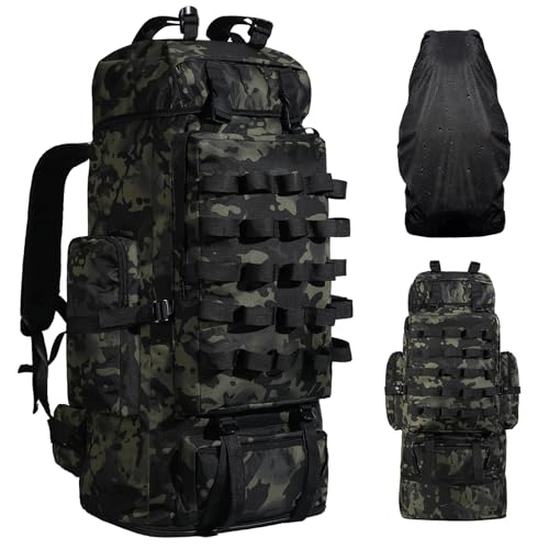 70L/100L Camping Hiking Backpack with Rain Cover, Expandable Large Military Tactical Backpack, Waterproof Molle Rucksack Travel Backpacking Daypack for Climbing Trekking (Black CP) - color: Black Cp