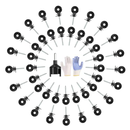 50PCS Electric Fence Insulators with Socket Tool and Gloves, Screw in Ring Clips Kit for Fence Wood Post, Fence Connectors Compatible with Electric Polywire or Steel and Aluminum Wire - Black - color: 51PCS