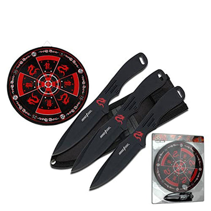 Perfect Point Throwing Knife Set with Target Board, 3 Piece, Stainless Steel Blade, Nylon Sheath Included, Throwing Sport - color: Black