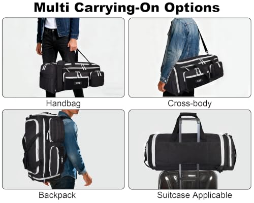 LHI 50L Tactical Duffle Bag for Men, 3-in-1 Gym Duffle and Backpack, Shoe Compartment, Laptop Sleeve and MOLLE, Carry-On Travel Weekender and Overnight Bag – Black with White zippers - color: Black white