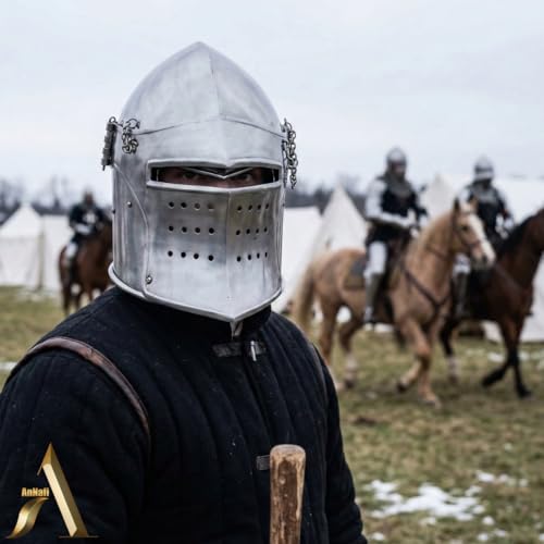 AnNafi® Medieval Knight Helmet, Renaissance Bascinet Visor Barbuta Barbute Functional Helmets, Knight Metal Armor Helmet Roleplay Wearable for Adult, Medieval Costumes Helm SCA LARP Replica Costume