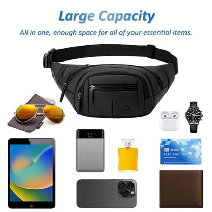 Large Fanny Pack for Men and Women, Crossbody Waist Bag with 4 Zipper Pockets Easy Carry Any Phone, Fashion Waist Pack with Adjustable Strap for Travelling, Hiking, Cycling, Running - Black - color: Black