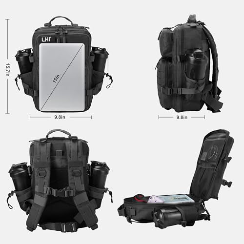 LHI Tactical Military Backpack for Men 25L/45L Large Molle Army Assault Pack 3 Day Hiking Rucksack With Bottle Holder - color: Black, size: 25L