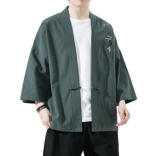 Mens Kimono Cardigan Cotton Linen Japanese Shirt 3/4 Sleeve Haori Yukata - color: 35-green, size: Small