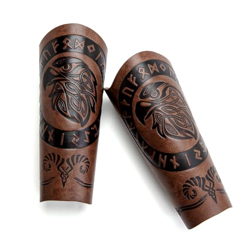 Leather Bracers for Men - Viking Embossed Medieval Arm Archery Guard Gauntlet Costumes - color: Hbr060-eagle Brown