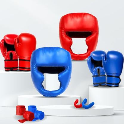 12oz Boxing Gloves for Teens & Adults with Hand Wraps & Mouth Guard – PU Leather One-Piece Molded Training Gloves Set for Heavy Bag Kickboxing Muay Thai MMA Sparring - color: Red&Blue