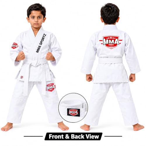 Jiu Jitsu Gi for Kids & Teens – Lightweight Martial Arts Training Suit | 100% Cotton-Poly Blend | Free White Belt - color: White, size: M-0
