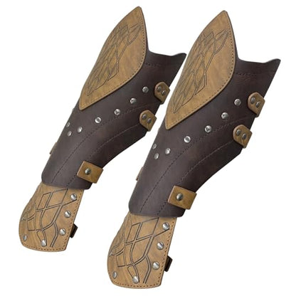 HiiFeuer Medieval Embossed Faux Leather Elf Arm Guards, Fantasy Cosplay Buckle Bracers, Knight Archer Gauntlets for LARP - color: Brown a
