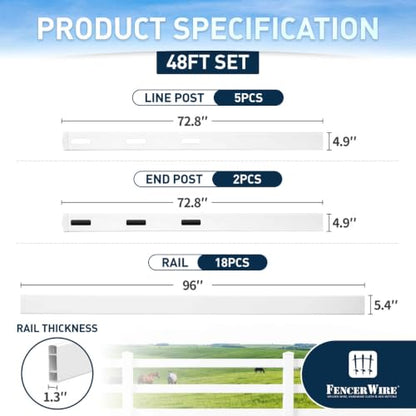 Fencer Wire 3-Rail Vinyl Ranch Fence Kit, 4ft H x 48ft W, White PVC Fence System with 6ft Posts & 8ft Rails, UV-Resistant, Easy Installation, Durable Outdoor Fencing for Ranch, Yard & Farm - size: 48 FT