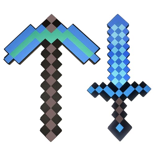 QRT Foam Sword and Pickaxe Set Kids Role Play Toys for Halloween, Cosplay Video Game Parties (Blue Pickaxe Sword) - color: Blue