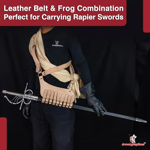 Armory Replicas Handcrafted Rigid Nature Right-Handed Leather Rapier Sword Frog Belt with Adjustable Fit - color: Natural
