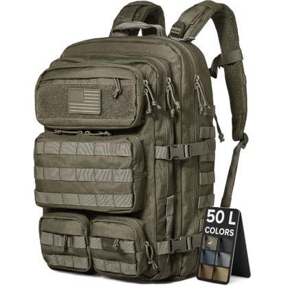 Falko Tactical Backpack for Men and Women 50L Backpack 2.4x Stronger Large Military Molle Rucksack, Bugout Backpack Outdoors - color: Ranger Green