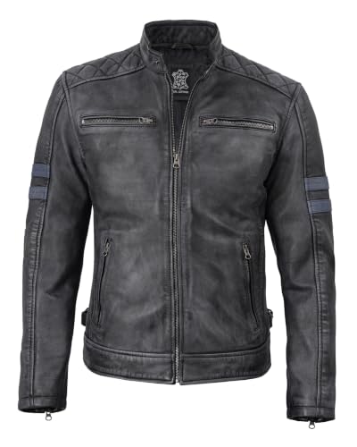 Real Lambskin Cafe Racer Leather Jacket Men Biker Style Stripes Sleeves - color: Black Wash, size: Small