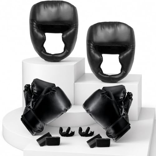 14 Pcs Boxing Set Boxing Equipment Set for Beginners Including 2 Pair of 6 oz Boxing Gloves Headgear Helmet Hand Wraps Mouth Guards Gifts Training Equipment - color: Black & Black