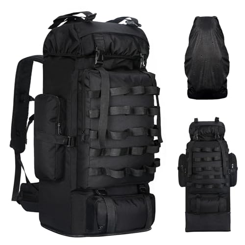 70L/100L Camping Hiking Backpack with Rain Cover, Expandable Large Military Tactical Backpack, Waterproof Molle Rucksack Travel Backpacking Daypack for Climbing Trekking (Black) - color: Black
