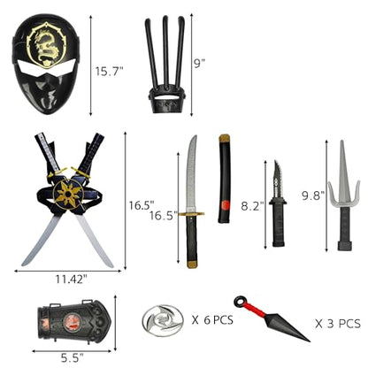 Ninja Warrior Toy Weapons Set - Katana, Sai, Mask, Bow & Arrow, Dagger, Darts, Throwing Stars - Kids Dress Up Cosplay Role Play Accessory Kit