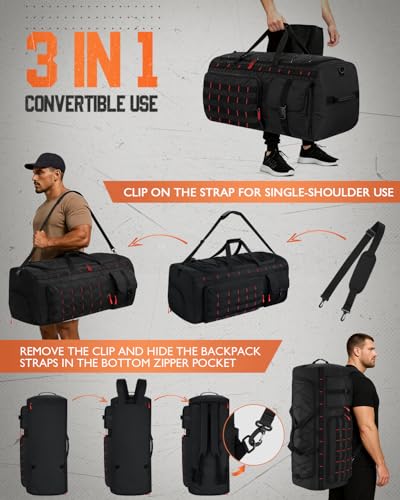 Gonex 90L Large Duffel Bag, Convertible Travel Sports Duffle - color: Black with Red Accents, size: 90L