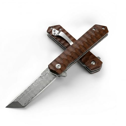 Damascus Folding Knife, 3.54 Inch Tanto - color: Wood-A