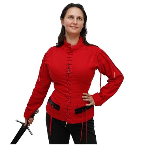 Mythrojan Late Medieval Padded Arming Doublet Gambeson with Brass Aiglets, Ideal for Knightly Medieval Reenactment LARP - color: Red, size: 3X-Large
