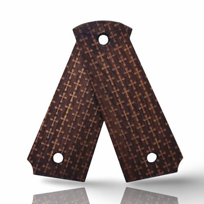 Art Series 1911 Pistol Grips – Handcrafted Walnut Wood Panels with Unique Engraved Designs | Oil Finish | Fits Full-Size 1911 Clones - color: Cross Texture